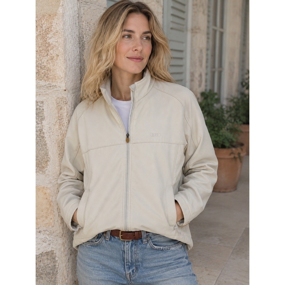 Audi Womens Softshell Jacket Cream Full Zip Fleece Lined Mock Neck Medium Logo